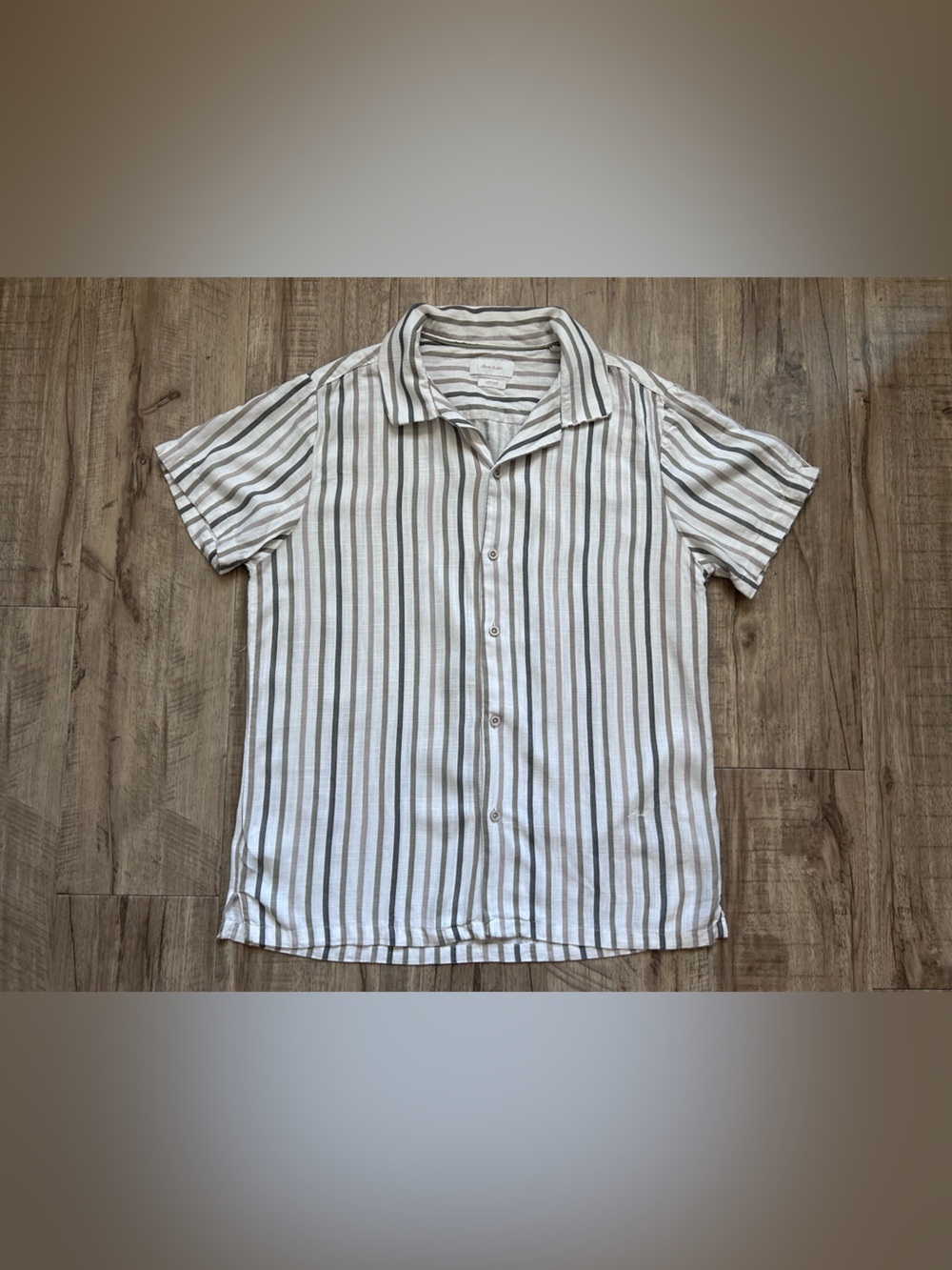 Porter & Ash linen blend Men's Short-Sleeve Vertical Stripe Shirt  White & Brown